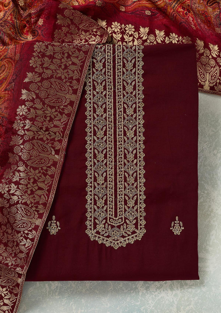 Maroon Threadwork Dola Silk Unstitched Salwar Suit-koskii