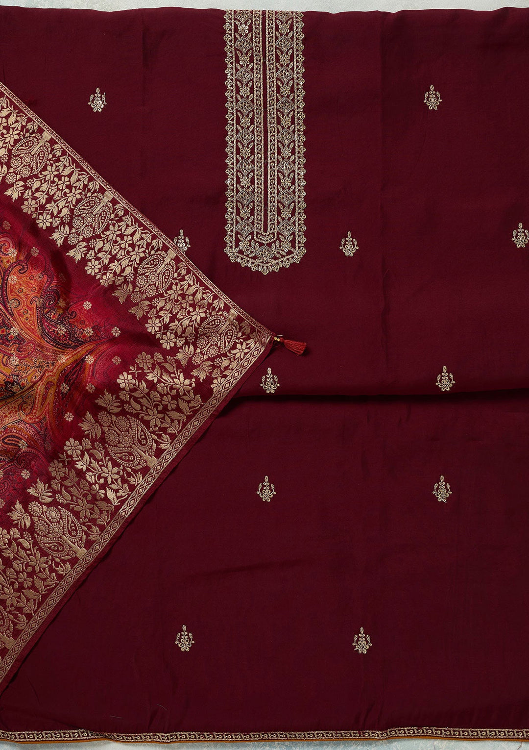 Maroon Threadwork Dola Silk Unstitched Salwar Suit-koskii