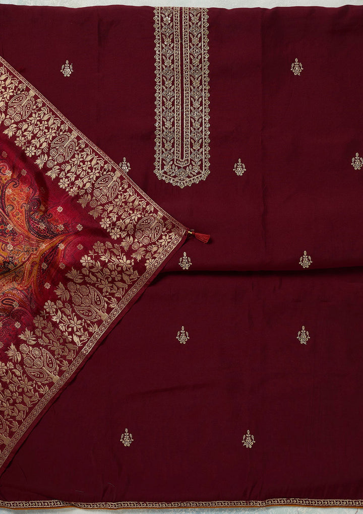 Maroon Threadwork Dola Silk Unstitched Salwar Suit-koskii