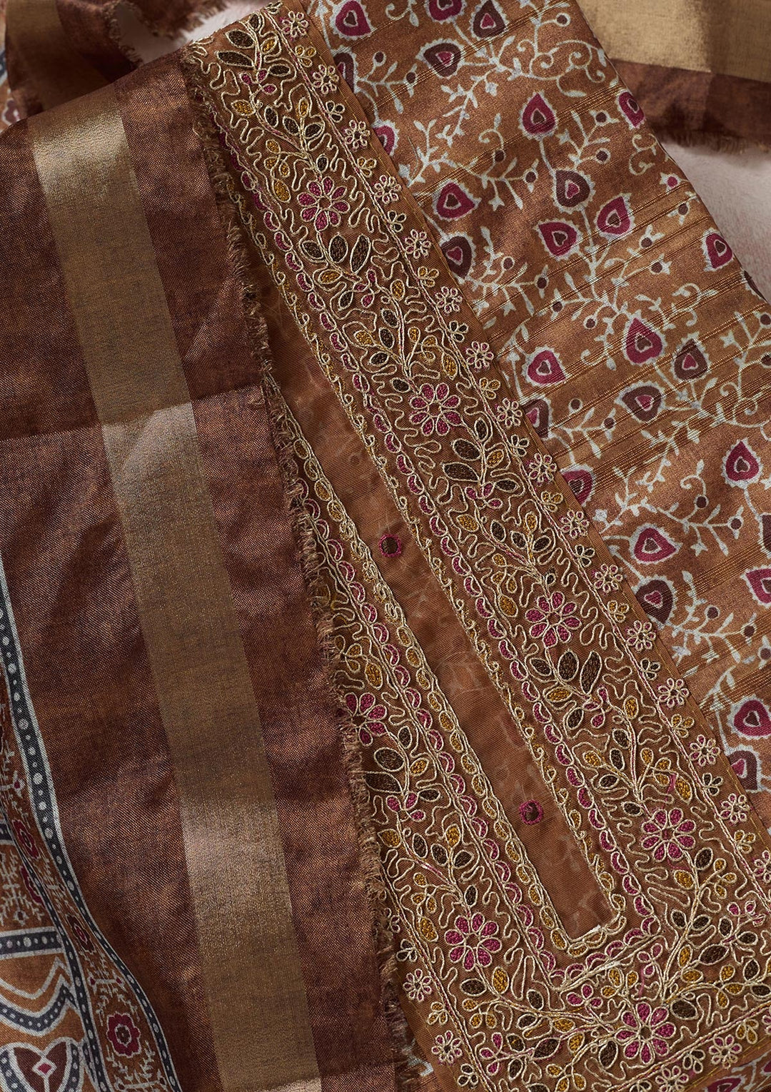 Mustard Zariwork (Gold) Chanderi Unstitched Salwar Suit-koskii