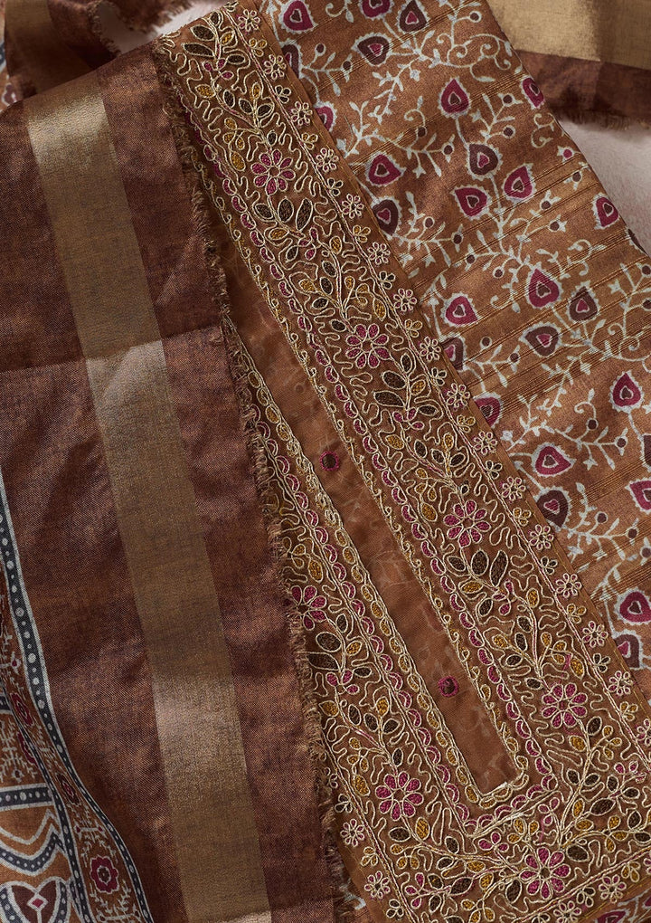 Mustard Zariwork (Gold) Chanderi Unstitched Salwar Suit-koskii