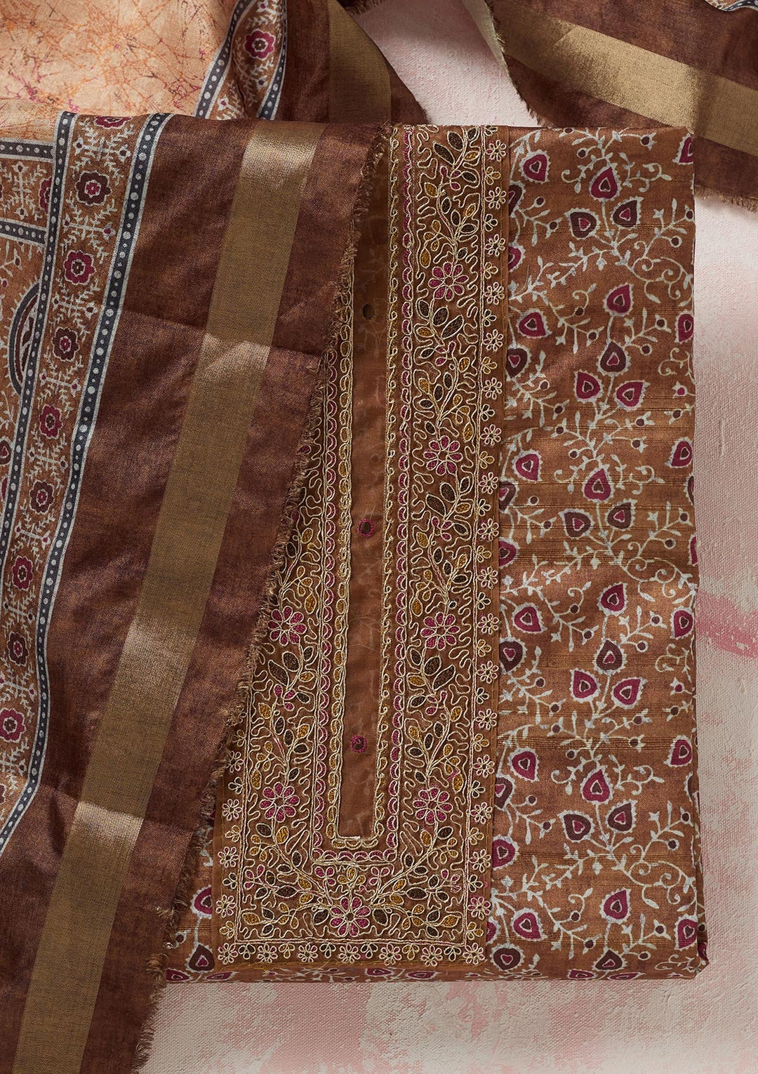 Mustard Zariwork (Gold) Chanderi Unstitched Salwar Suit-koskii