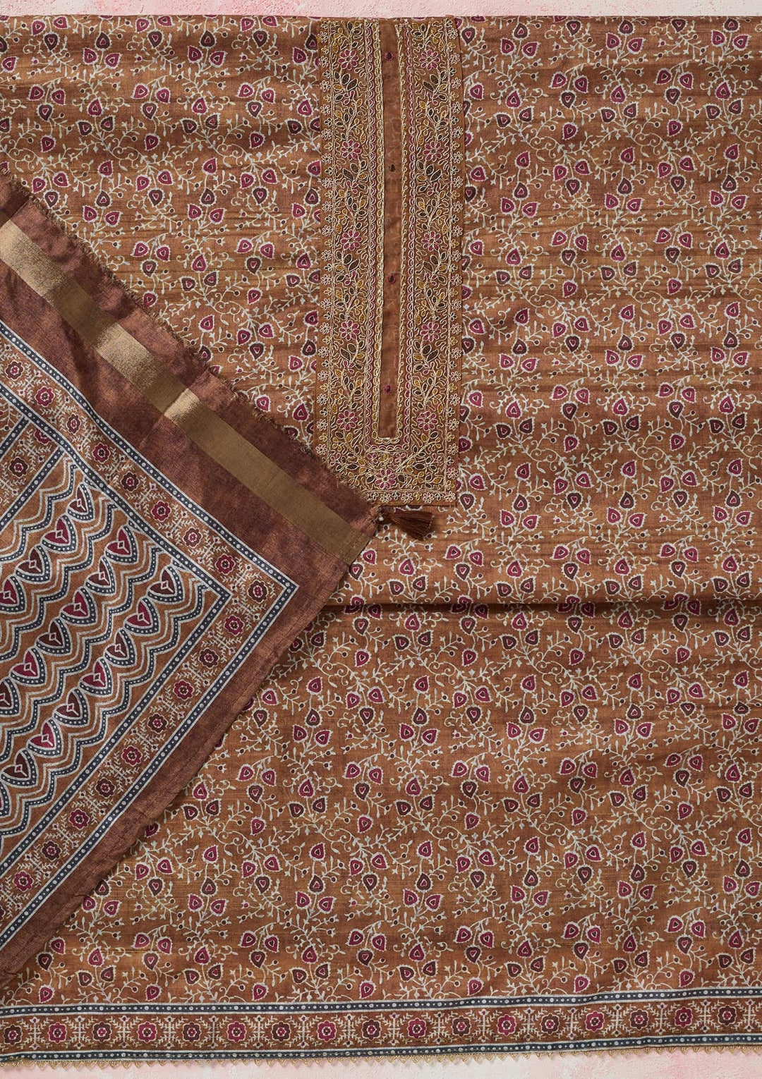 Mustard Zariwork (Gold) Chanderi Unstitched Salwar Suit-koskii