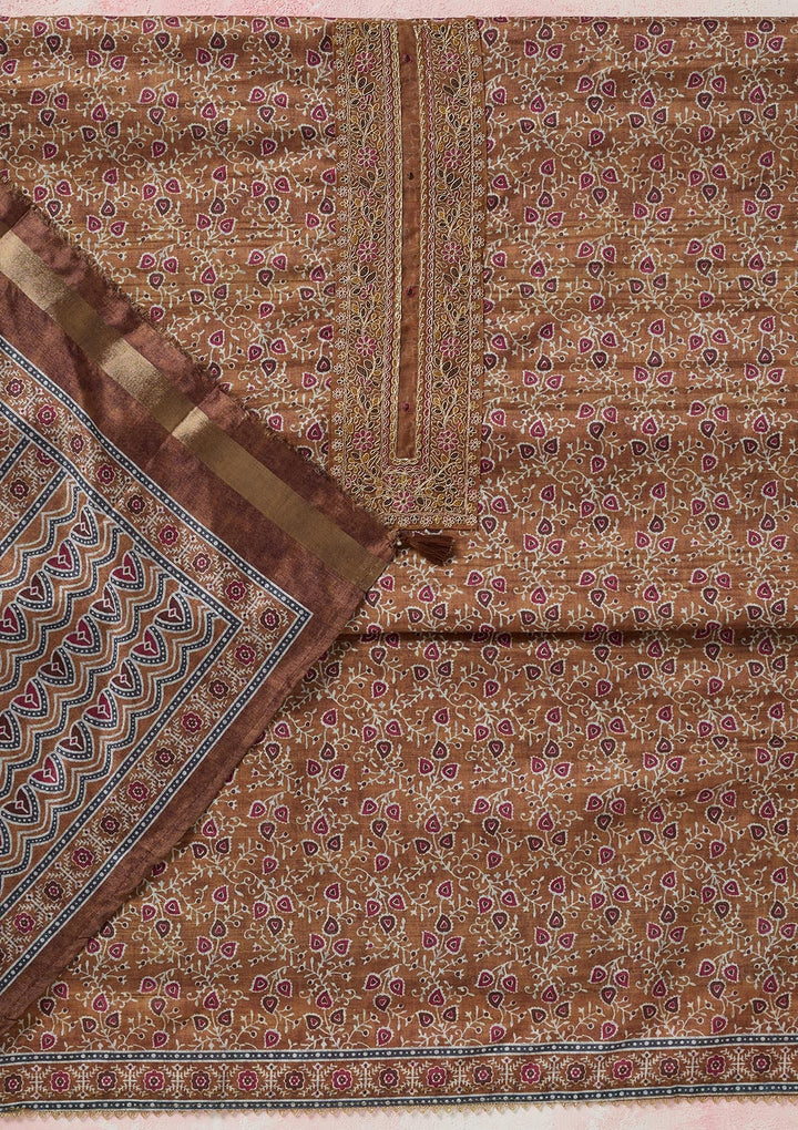 Mustard Zariwork (Gold) Chanderi Unstitched Salwar Suit-koskii