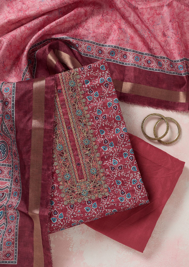 Onion Pink Zariwork (Gold) Chanderi Unstitched Salwar Suit-koskii