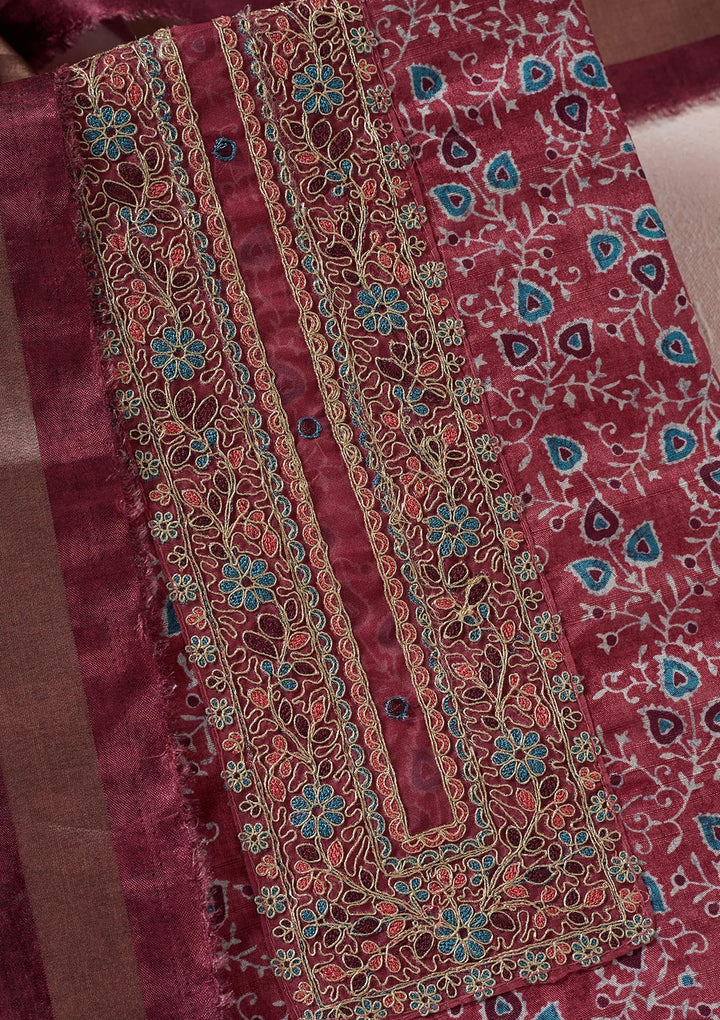 Onion Pink Zariwork (Gold) Chanderi Unstitched Salwar Suit-koskii