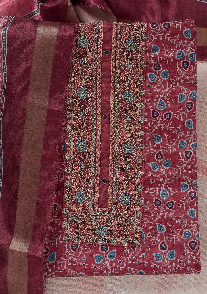 Onion Pink Zariwork (Gold) Chanderi Unstitched Salwar Suit-koskii