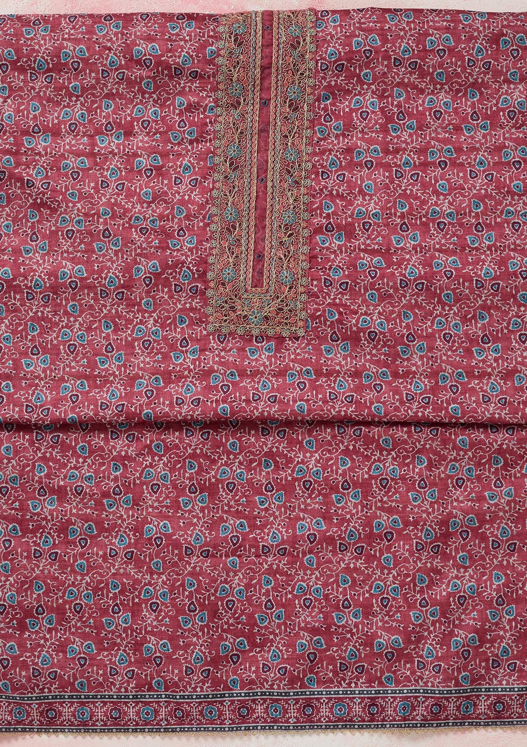 Onion Pink Zariwork (Gold) Chanderi Unstitched Salwar Suit-koskii