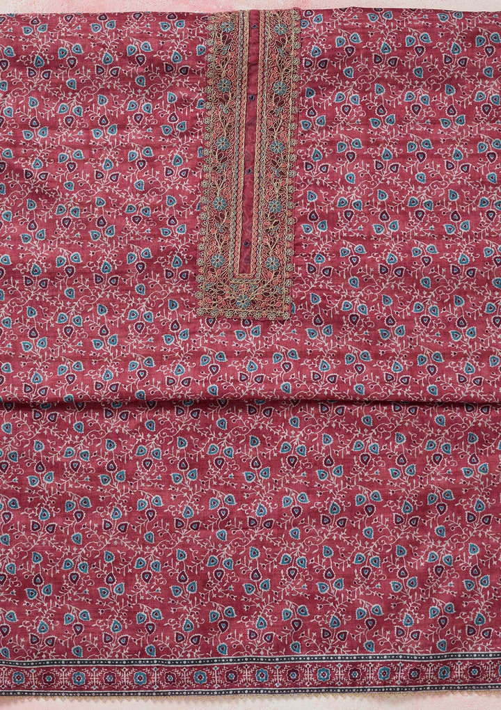 Onion Pink Zariwork (Gold) Chanderi Unstitched Salwar Suit-koskii