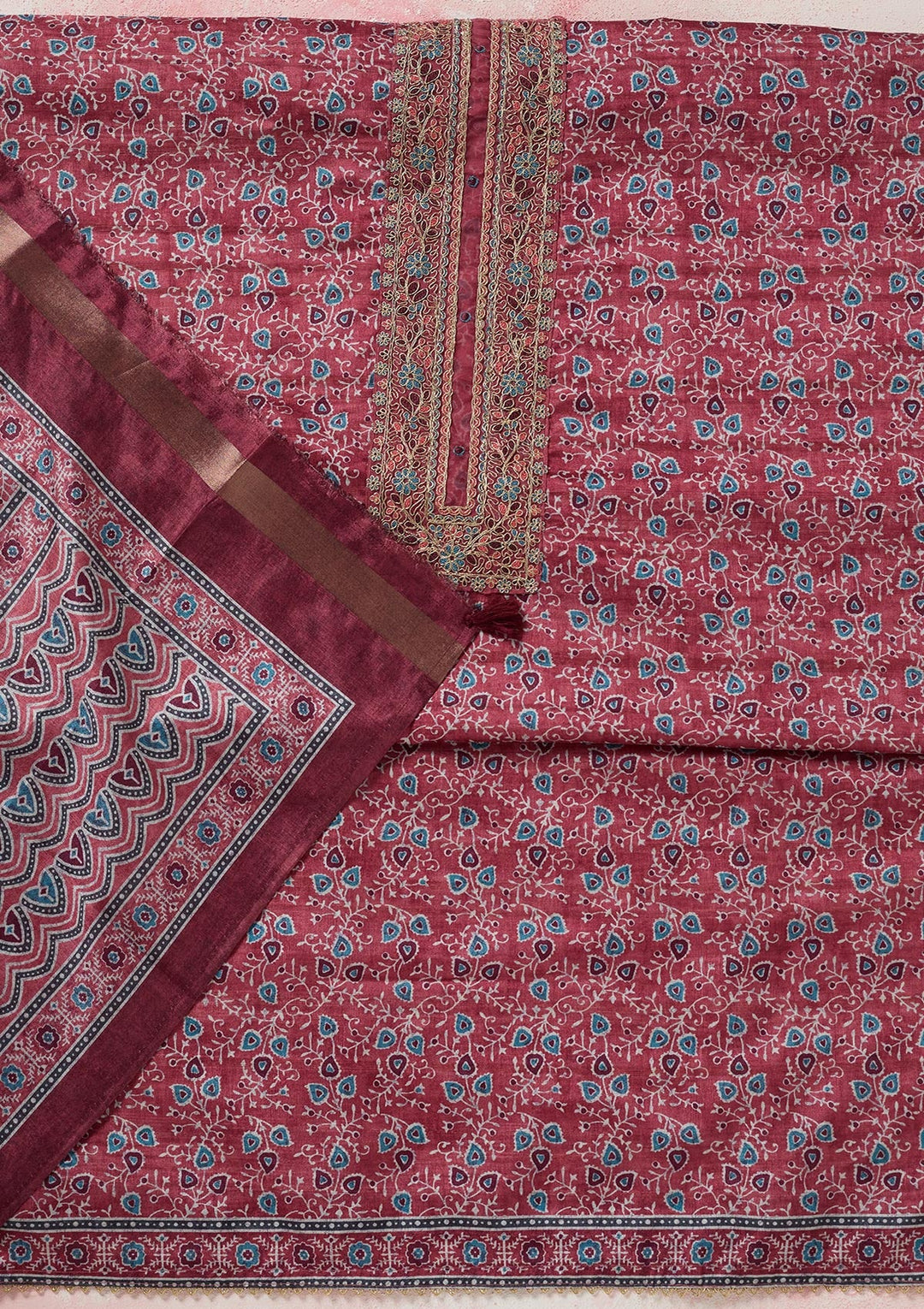 Onion Pink Zariwork (Gold) Chanderi Unstitched Salwar Suit-koskii