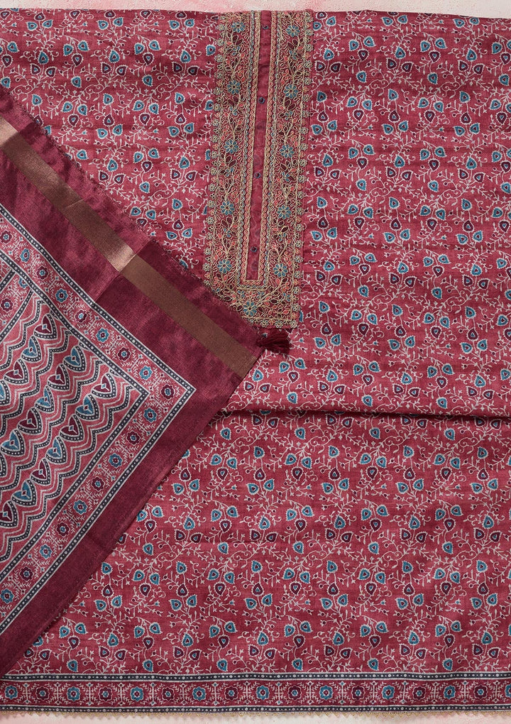 Onion Pink Zariwork (Gold) Chanderi Unstitched Salwar Suit-koskii