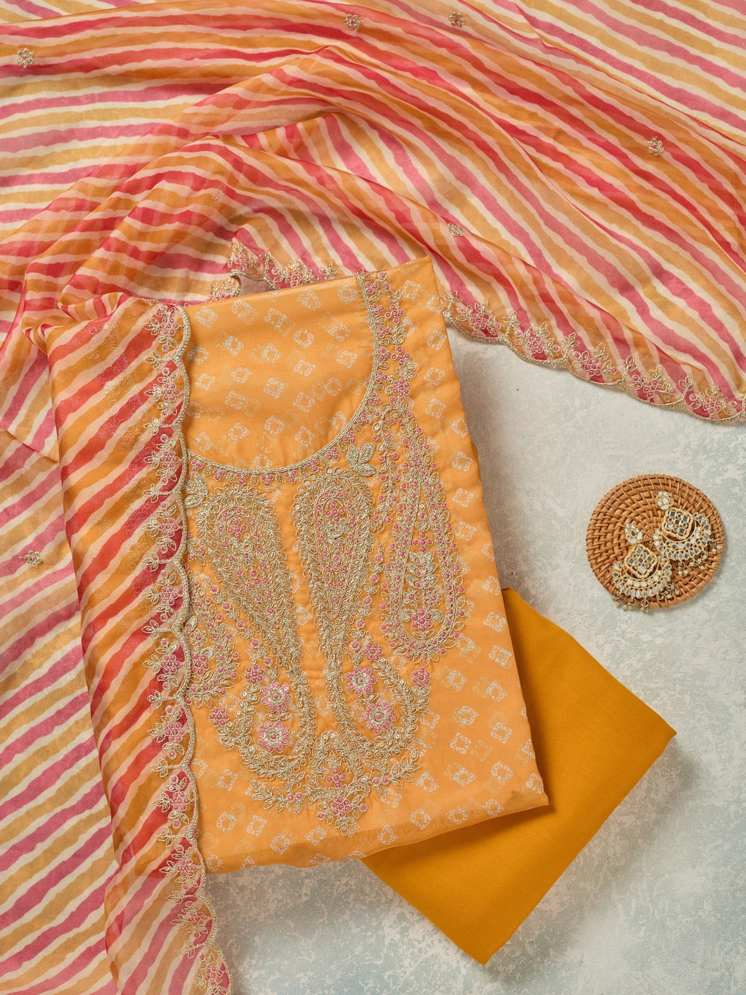 Mustard Zariwork Organza Unstitched Salwar Suit-koskii