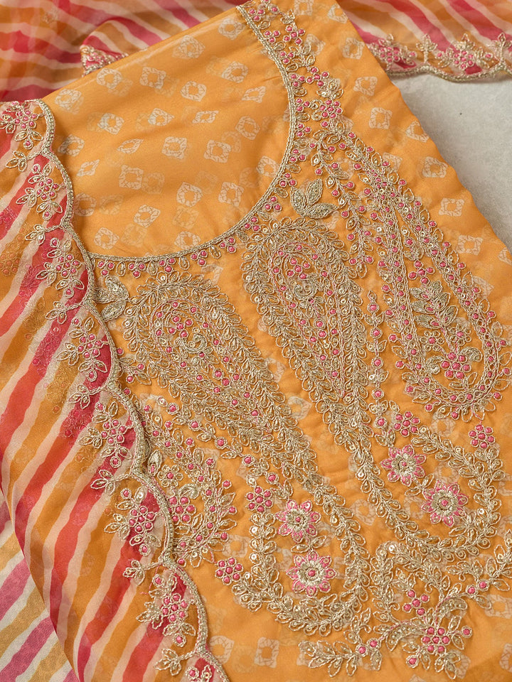 Mustard Zariwork Organza Unstitched Salwar Suit-koskii
