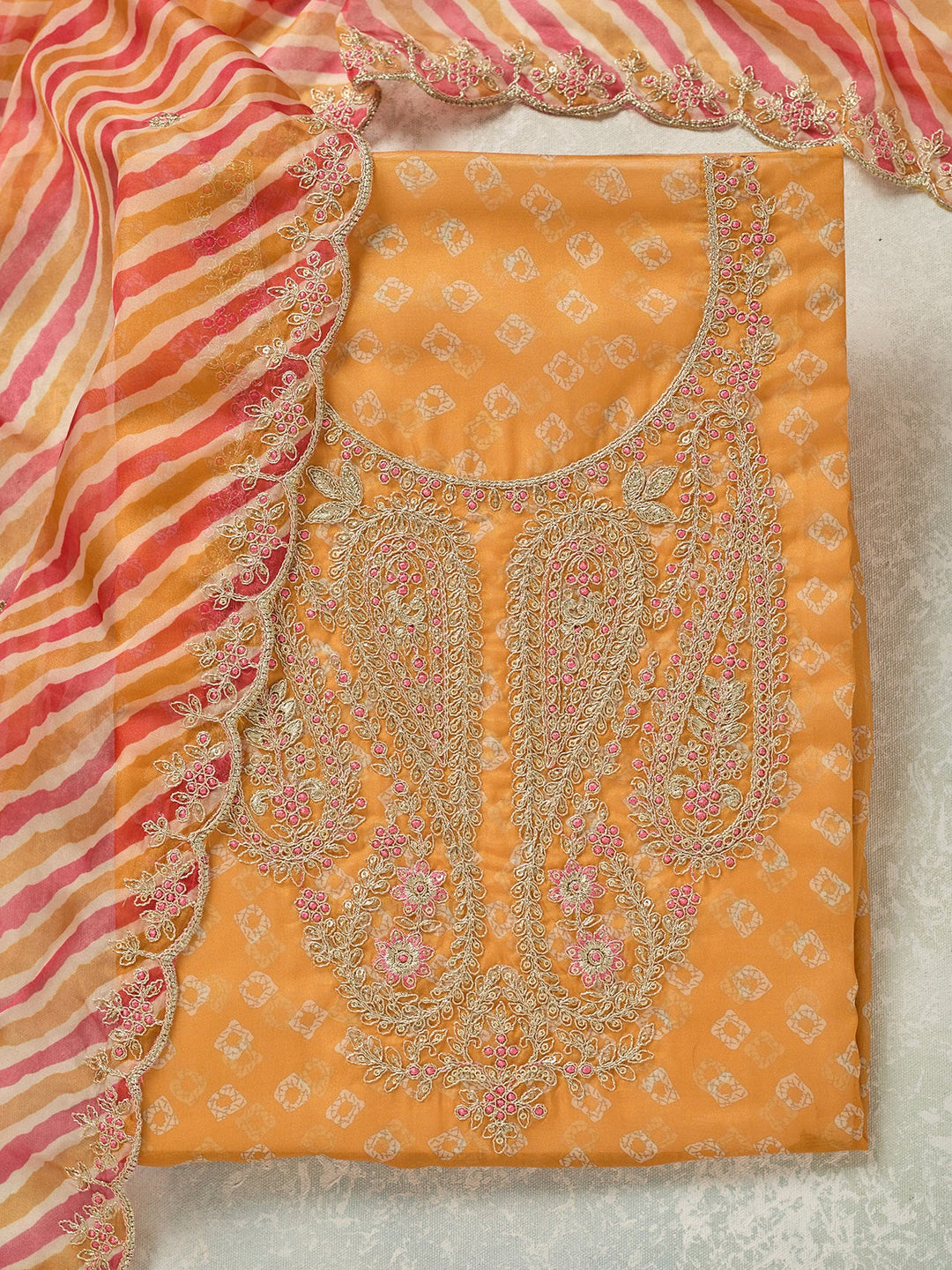 Mustard Zariwork Organza Unstitched Salwar Suit-koskii