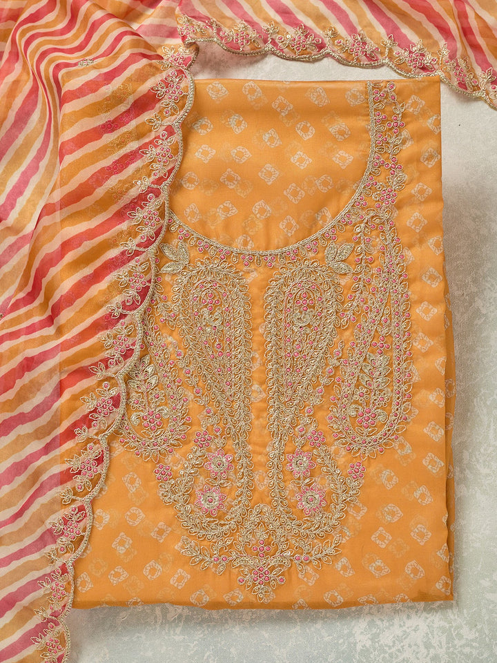Mustard Zariwork Organza Unstitched Salwar Suit-koskii