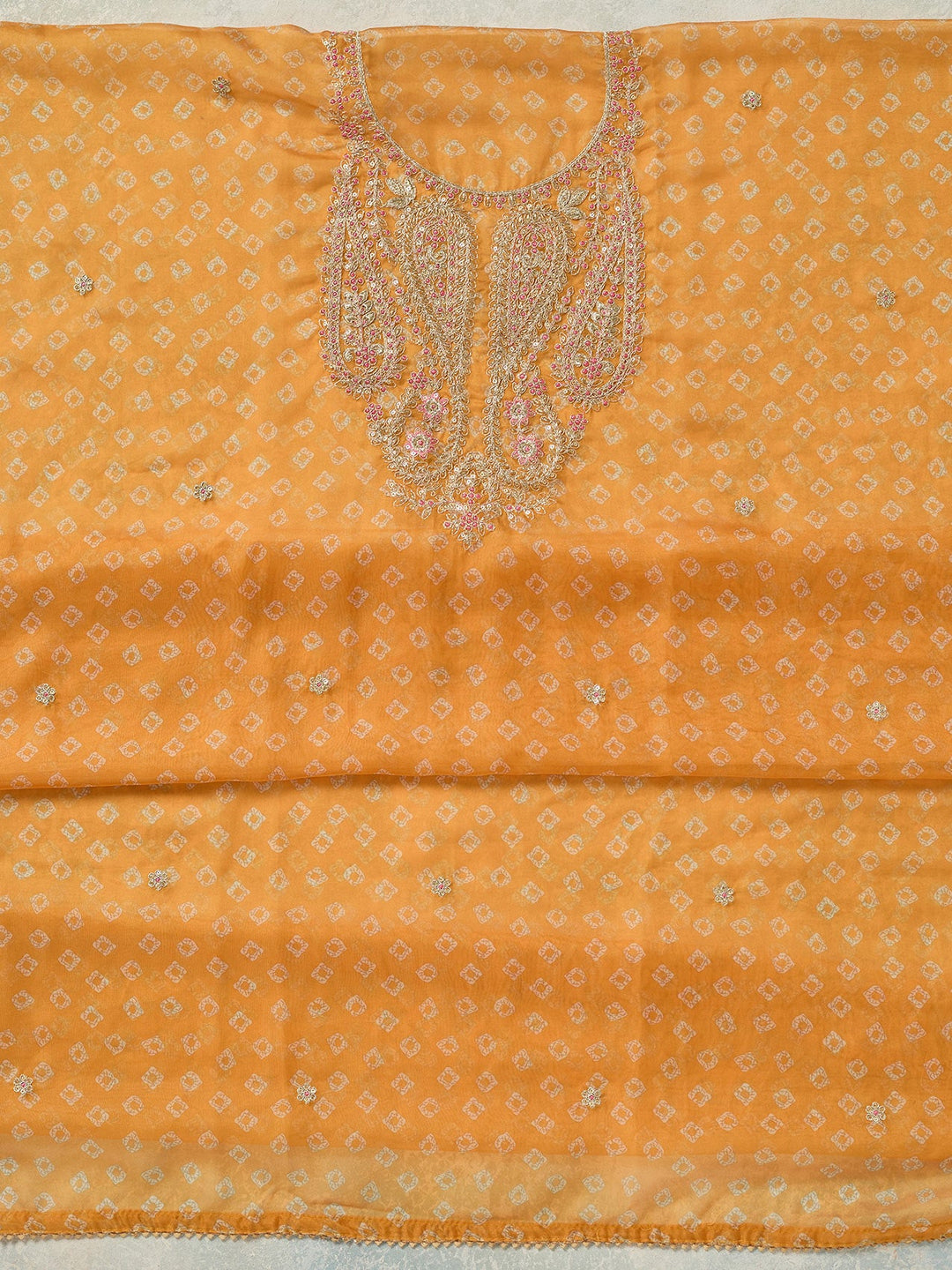 Mustard Zariwork Organza Unstitched Salwar Suit-koskii