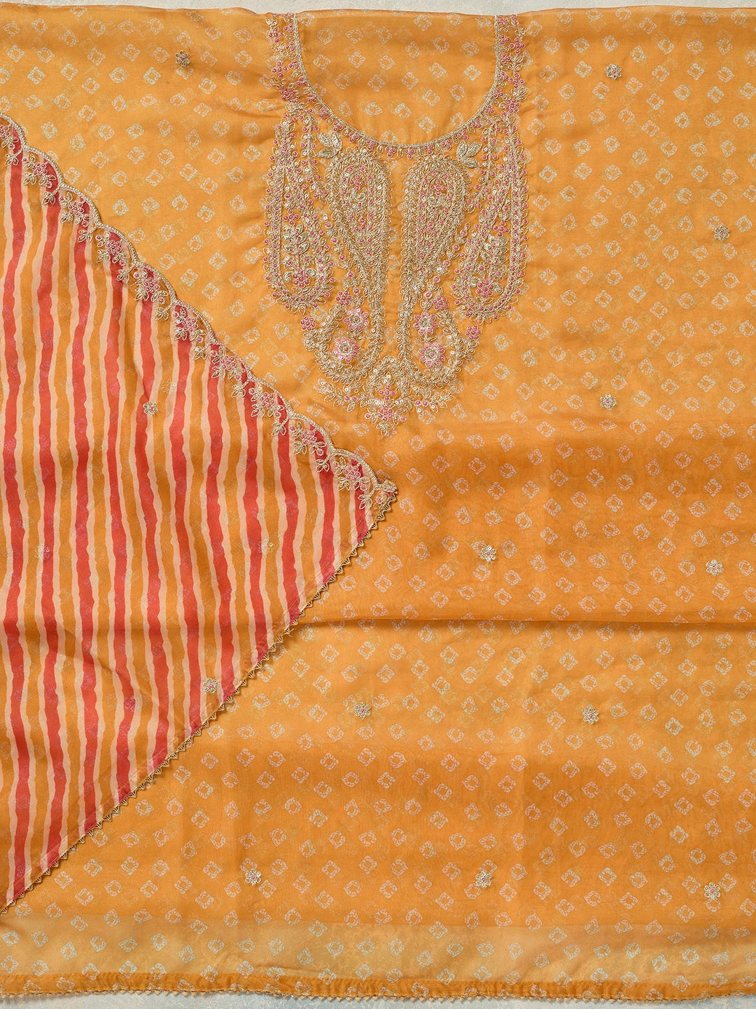 Mustard Zariwork Organza Unstitched Salwar Suit-koskii