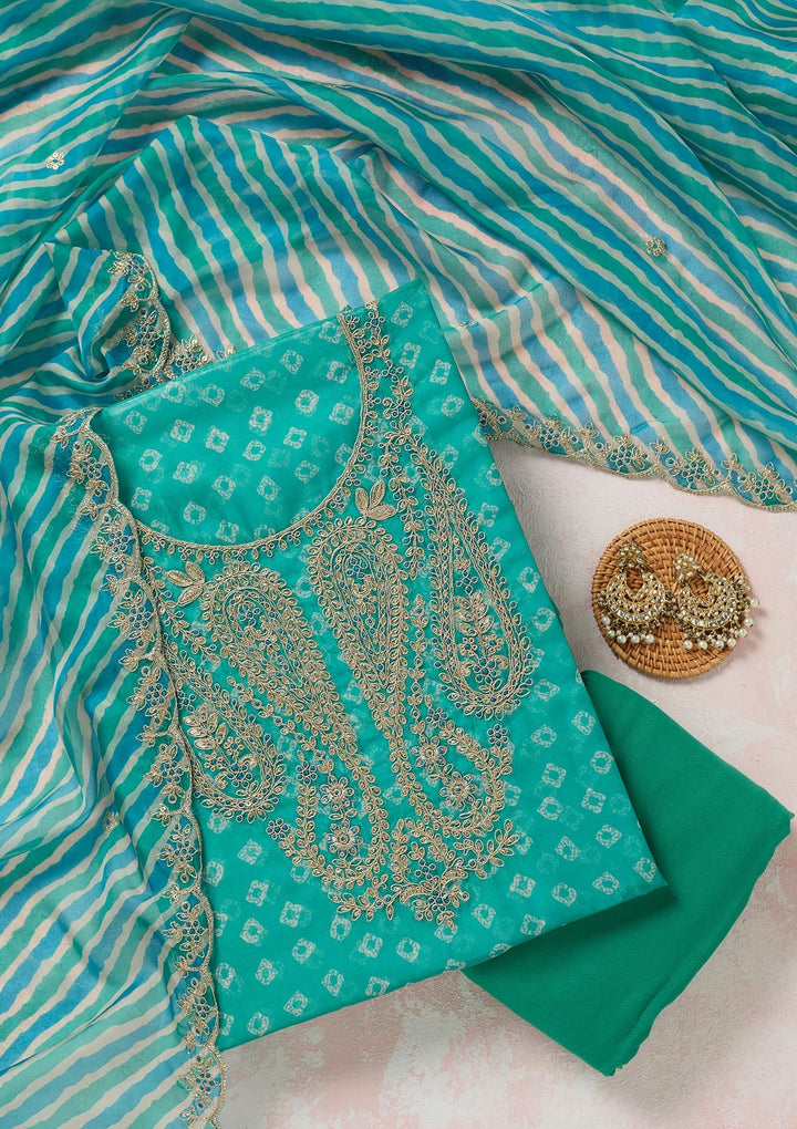 Sea Green Zariwork (Gold) Organza Unstitched Salwar Suit-koskii