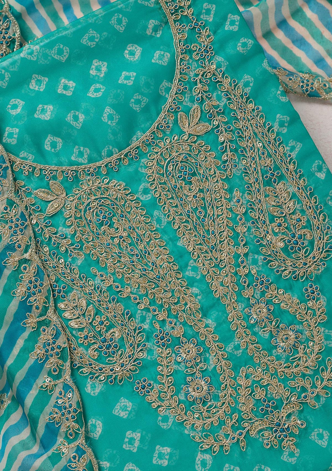 Sea Green Zariwork (Gold) Organza Unstitched Salwar Suit-koskii
