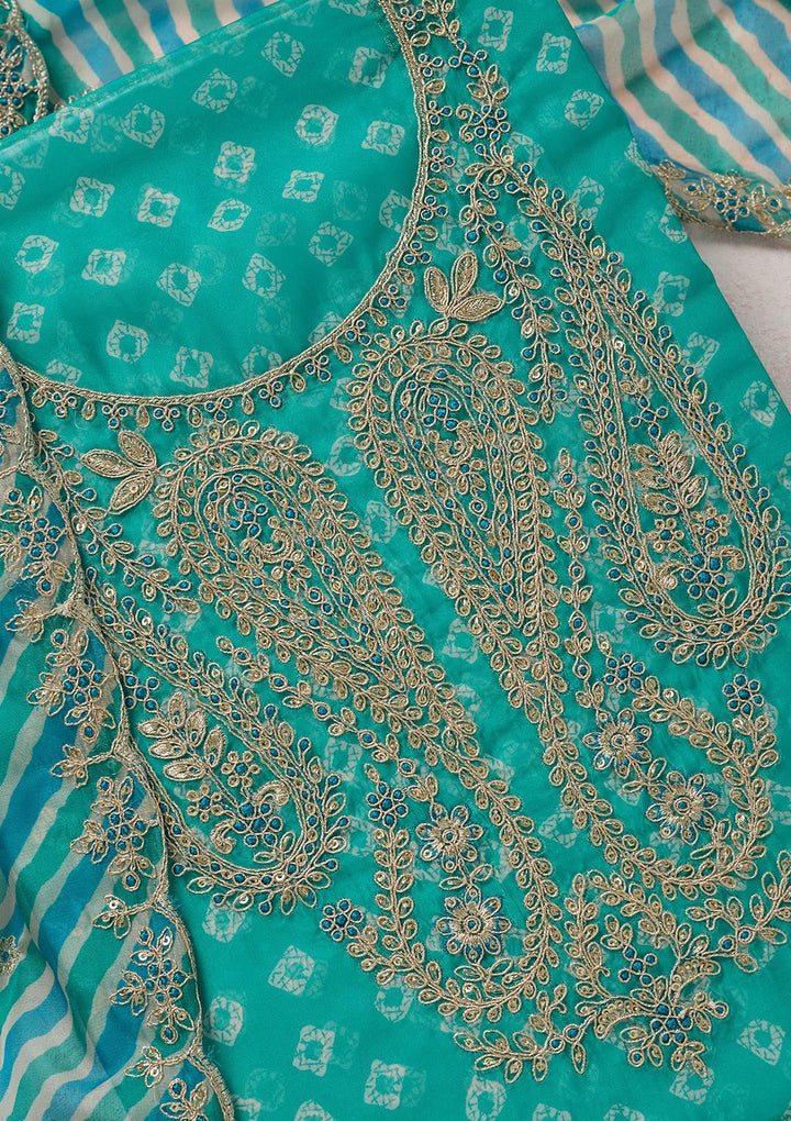 Sea Green Zariwork (Gold) Organza Unstitched Salwar Suit-koskii