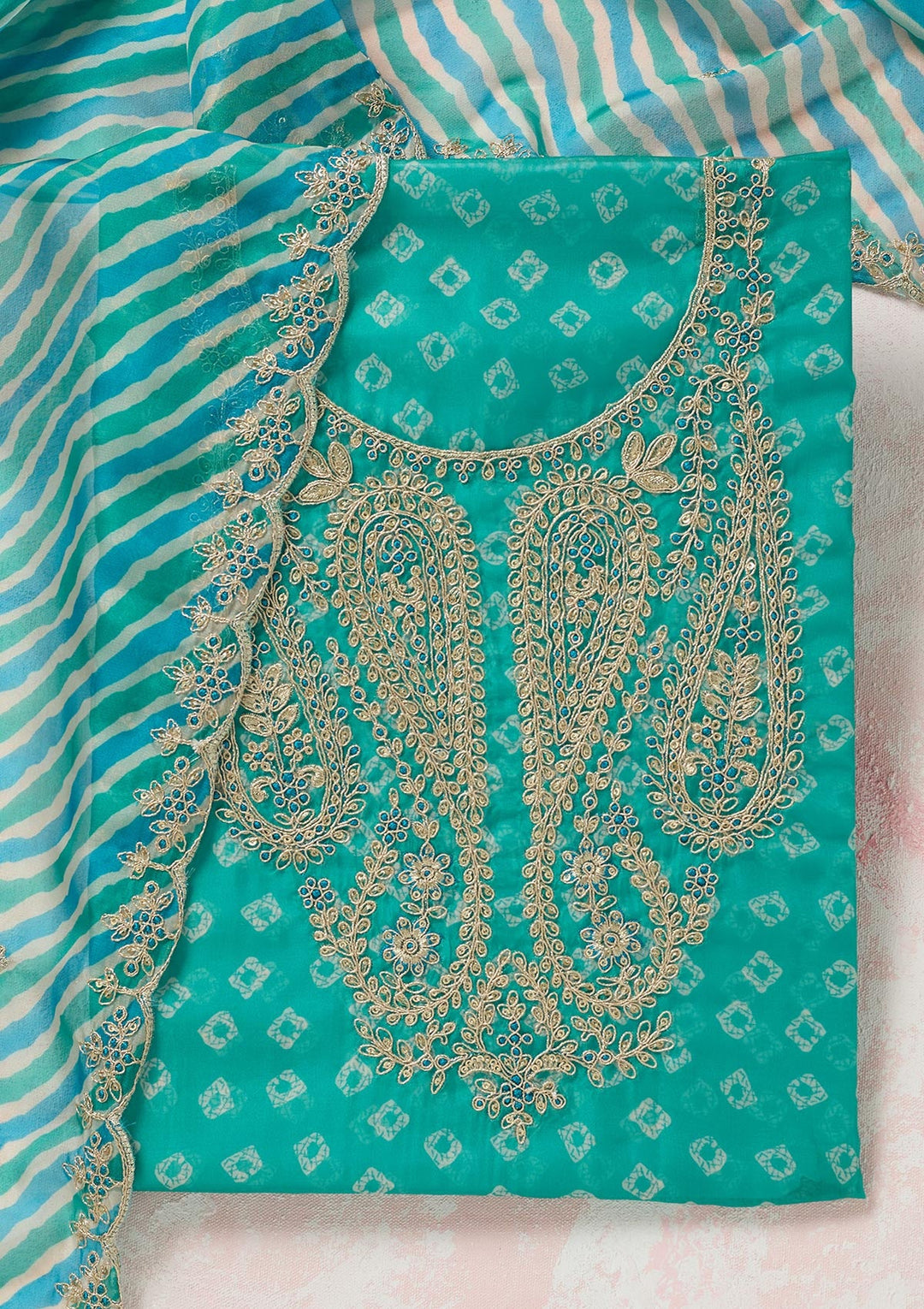 Sea Green Zariwork (Gold) Organza Unstitched Salwar Suit-koskii