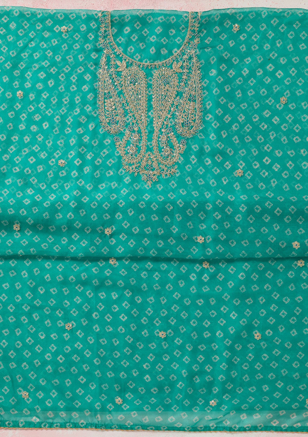 Sea Green Zariwork (Gold) Organza Unstitched Salwar Suit-koskii