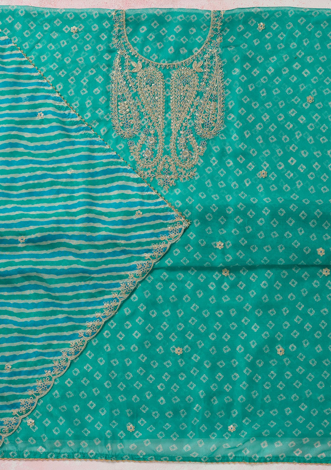 Sea Green Zariwork (Gold) Organza Unstitched Salwar Suit-koskii