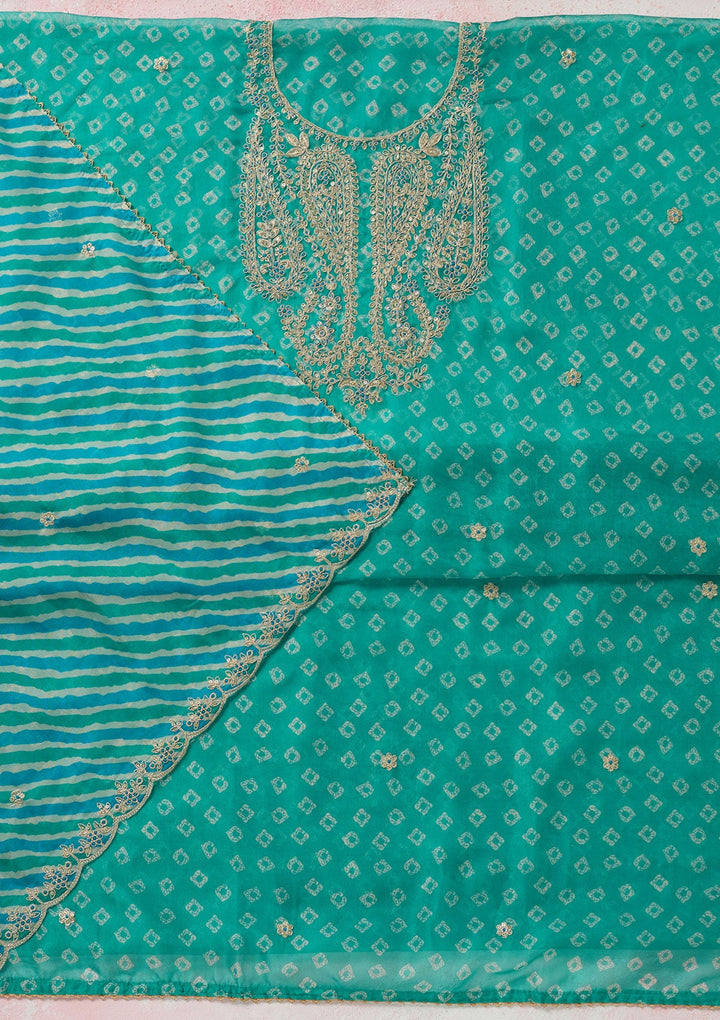 Sea Green Zariwork (Gold) Organza Unstitched Salwar Suit-koskii