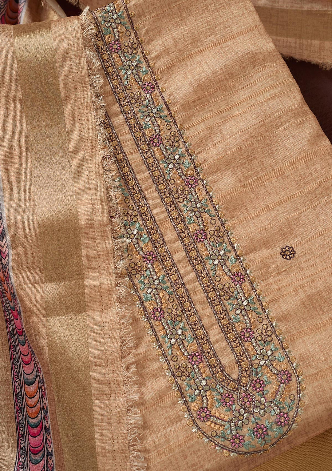 Beige Zariwork (Gold) Chanderi Unstitched Salwar Suit-koskii