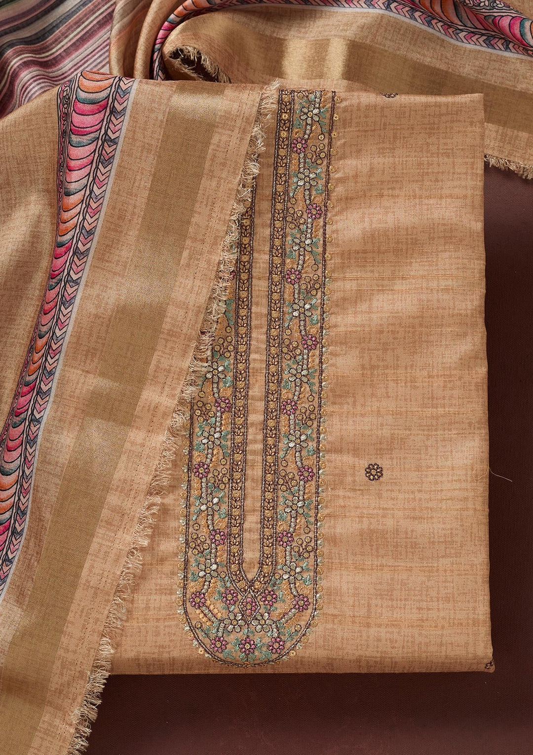 Beige Zariwork (Gold) Chanderi Unstitched Salwar Suit-koskii