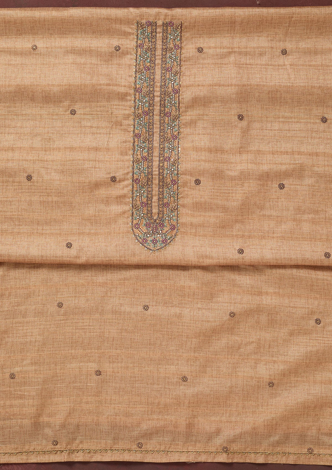 Beige Zariwork (Gold) Chanderi Unstitched Salwar Suit-koskii