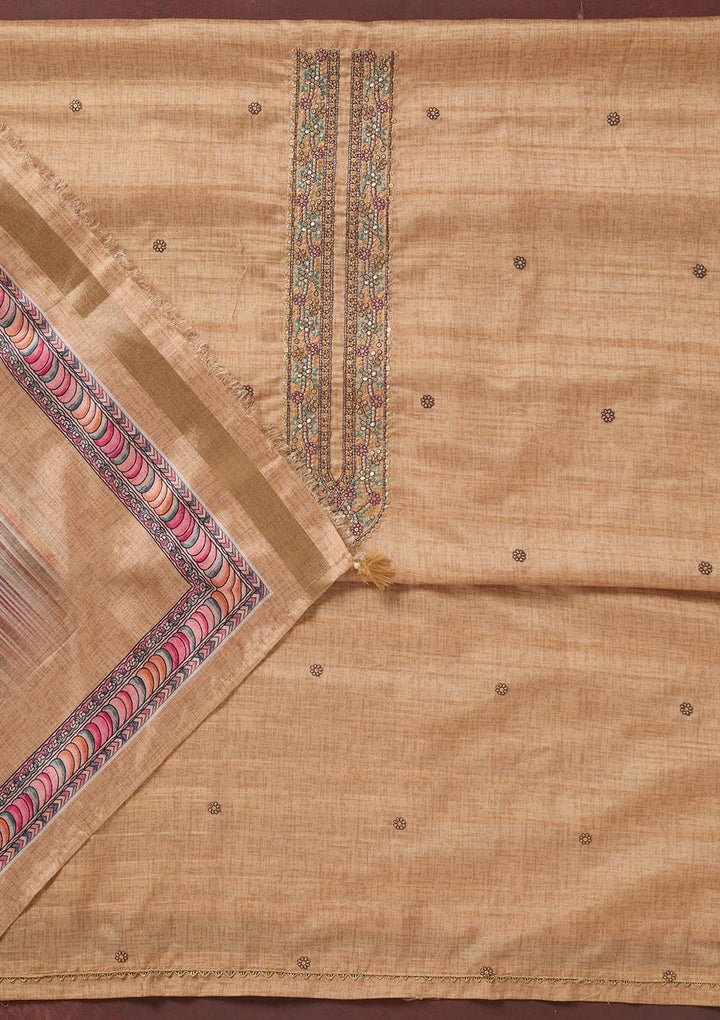 Beige Zariwork (Gold) Chanderi Unstitched Salwar Suit-koskii