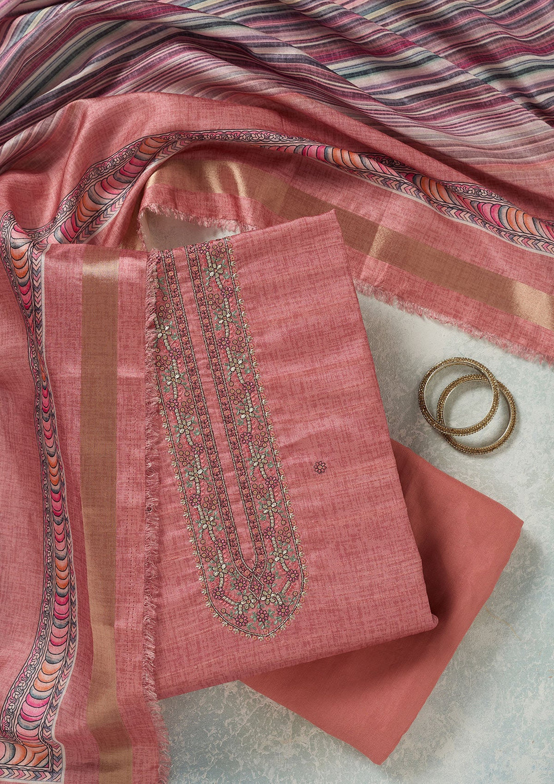 Onion Pink Threadwork Chanderi Unstitched Salwar Suit-Koskii