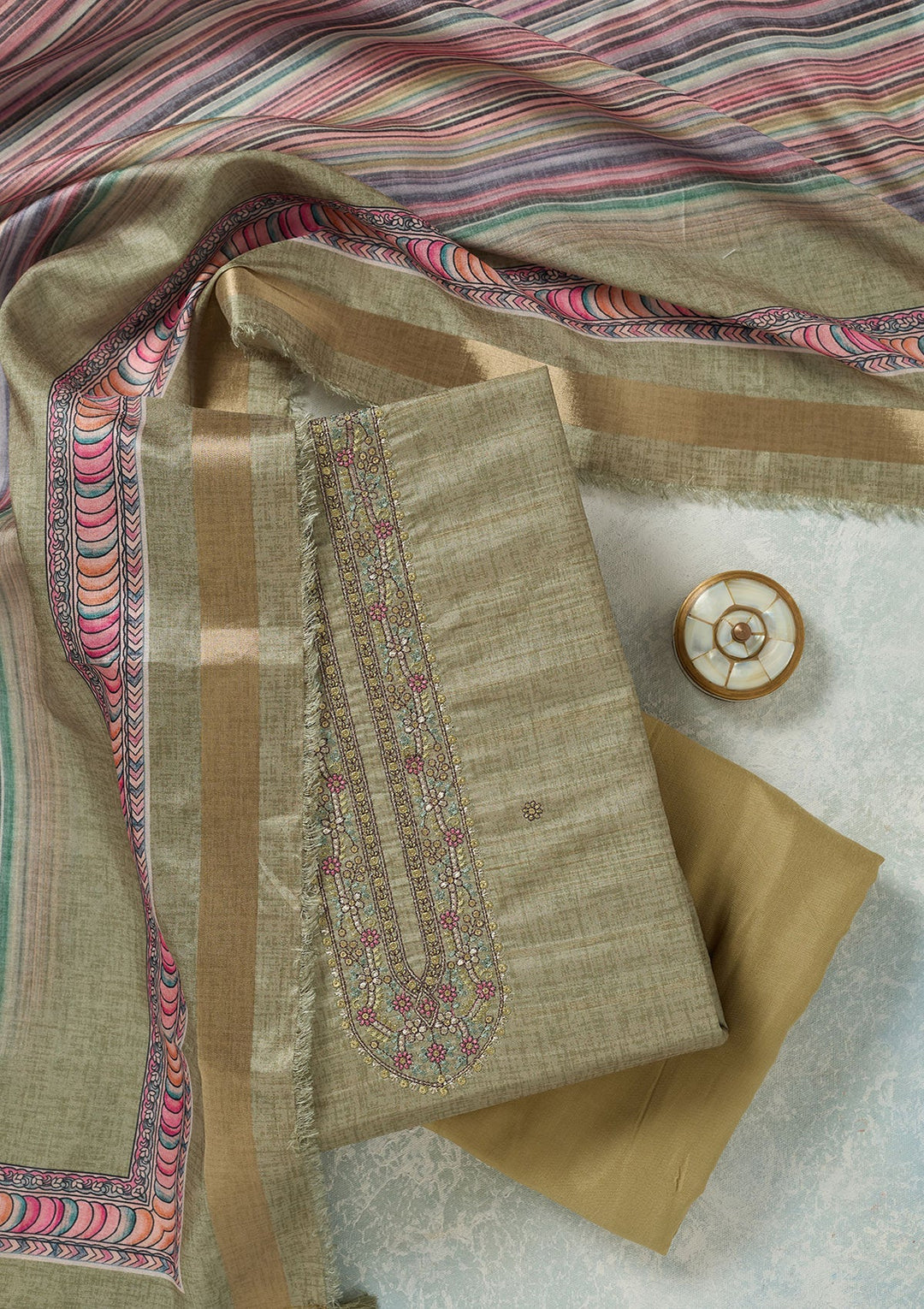 Pista Green Threadwork Chanderi Unstitched Salwar Suit-Koskii