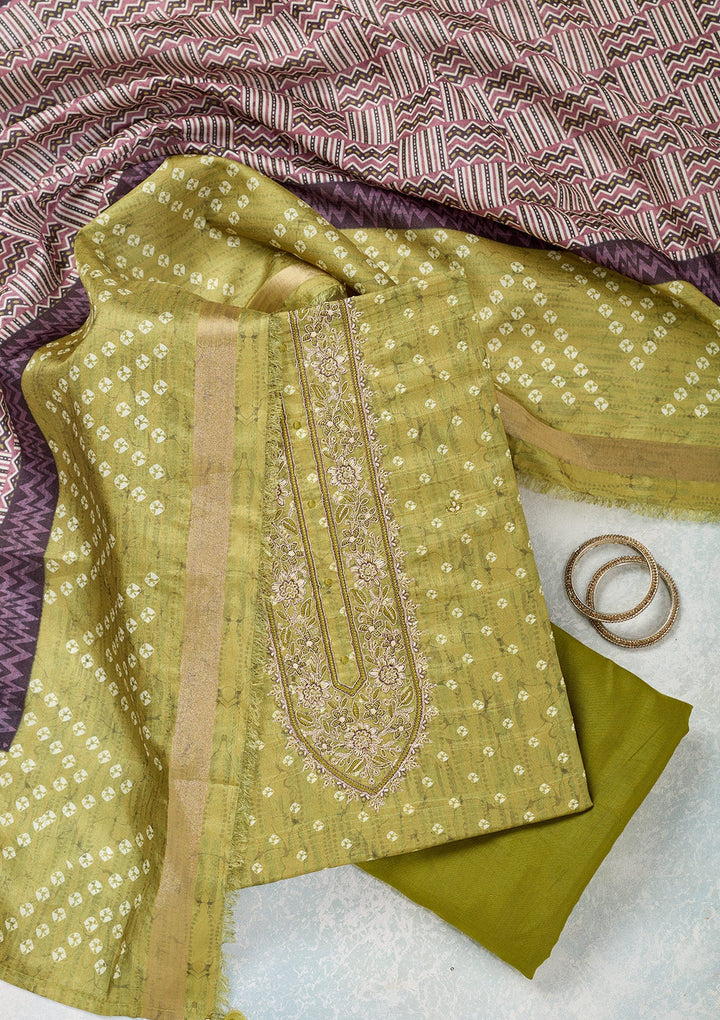 Mehendi Threadwork Organza Unstitched Salwar Suit-Koskii
