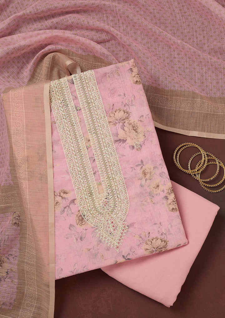 Baby Pink Threadwork Linen Unstitched Salwar Suit-koskii