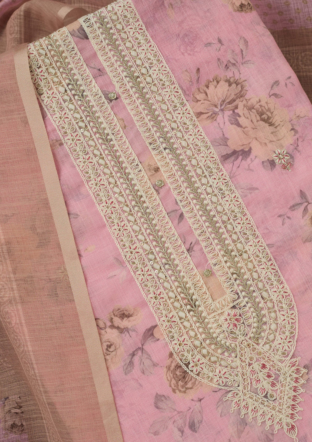 Baby Pink Threadwork Linen Unstitched Salwar Suit-koskii