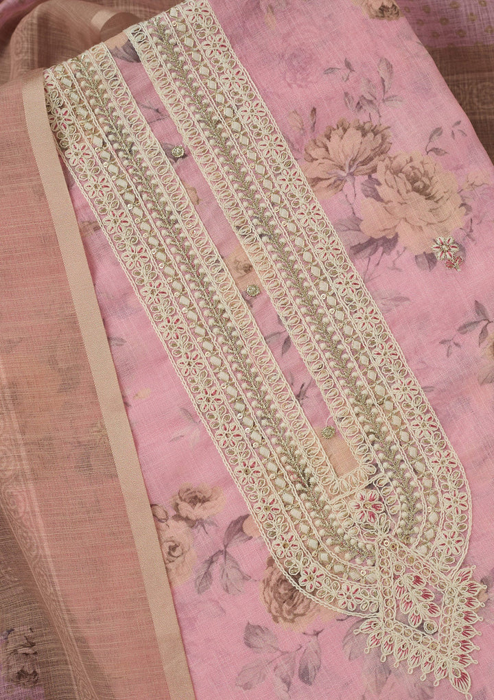 Baby Pink Threadwork Linen Unstitched Salwar Suit-koskii