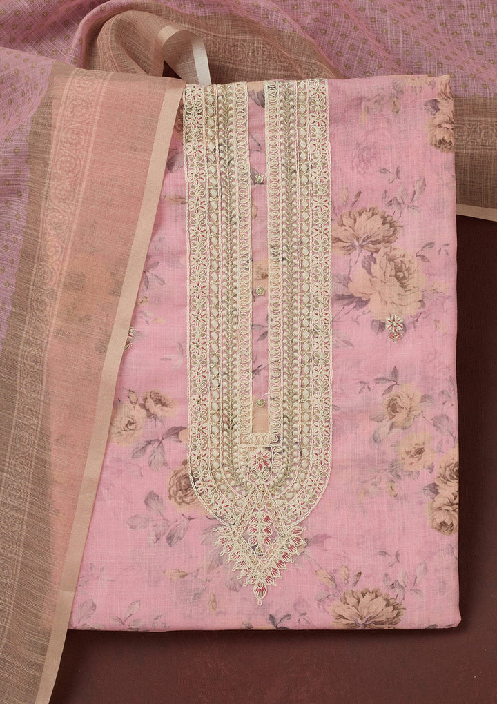 Baby Pink Threadwork Linen Unstitched Salwar Suit-koskii