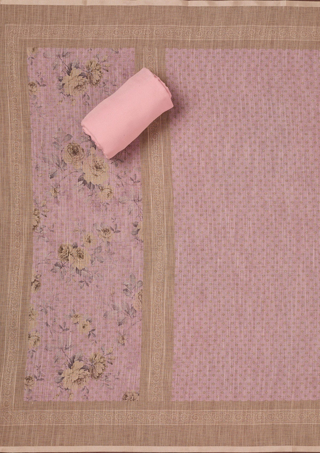 Baby Pink Threadwork Linen Unstitched Salwar Suit-koskii