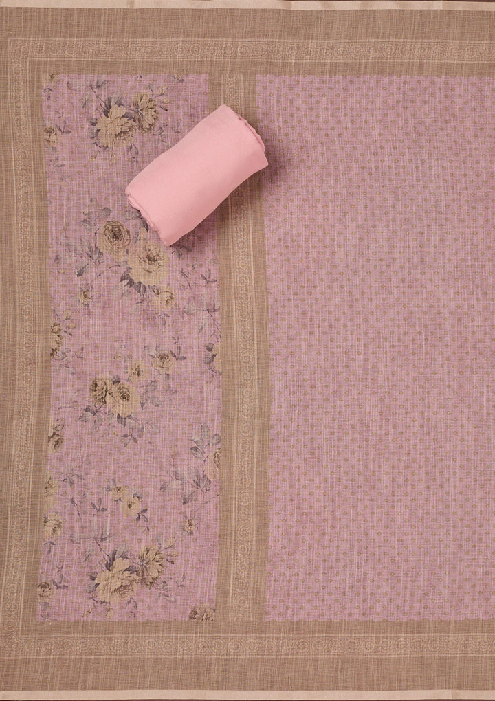 Baby Pink Threadwork Linen Unstitched Salwar Suit-koskii