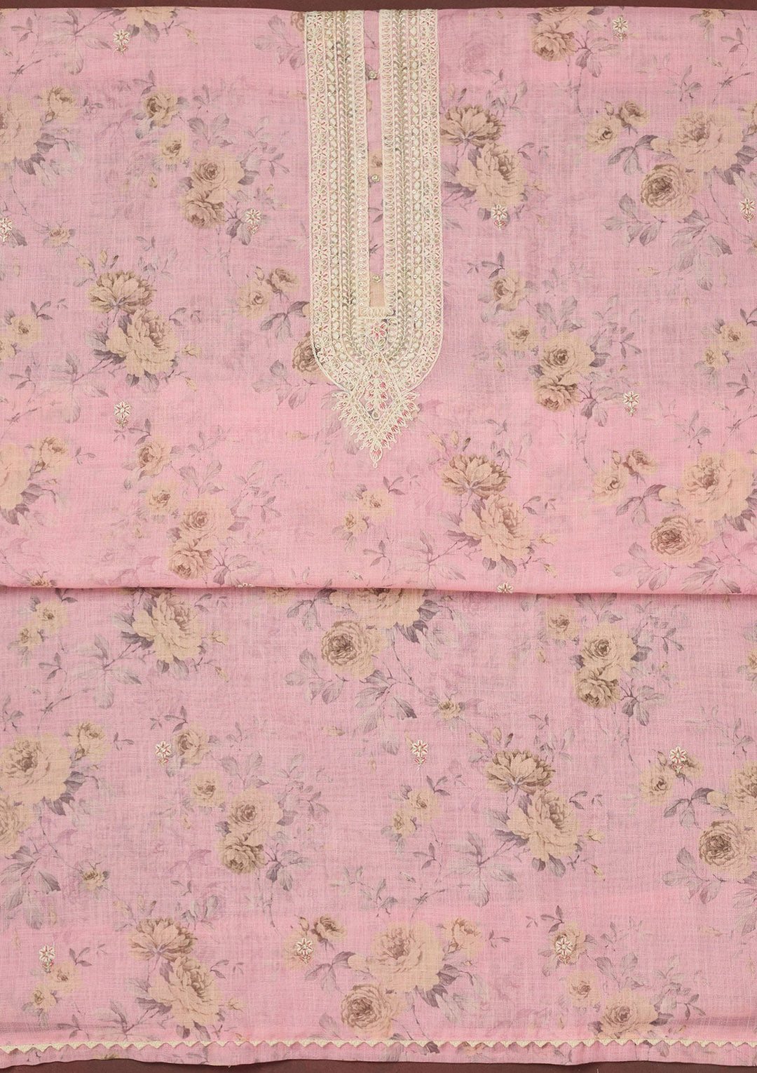 Baby Pink Threadwork Linen Unstitched Salwar Suit-koskii