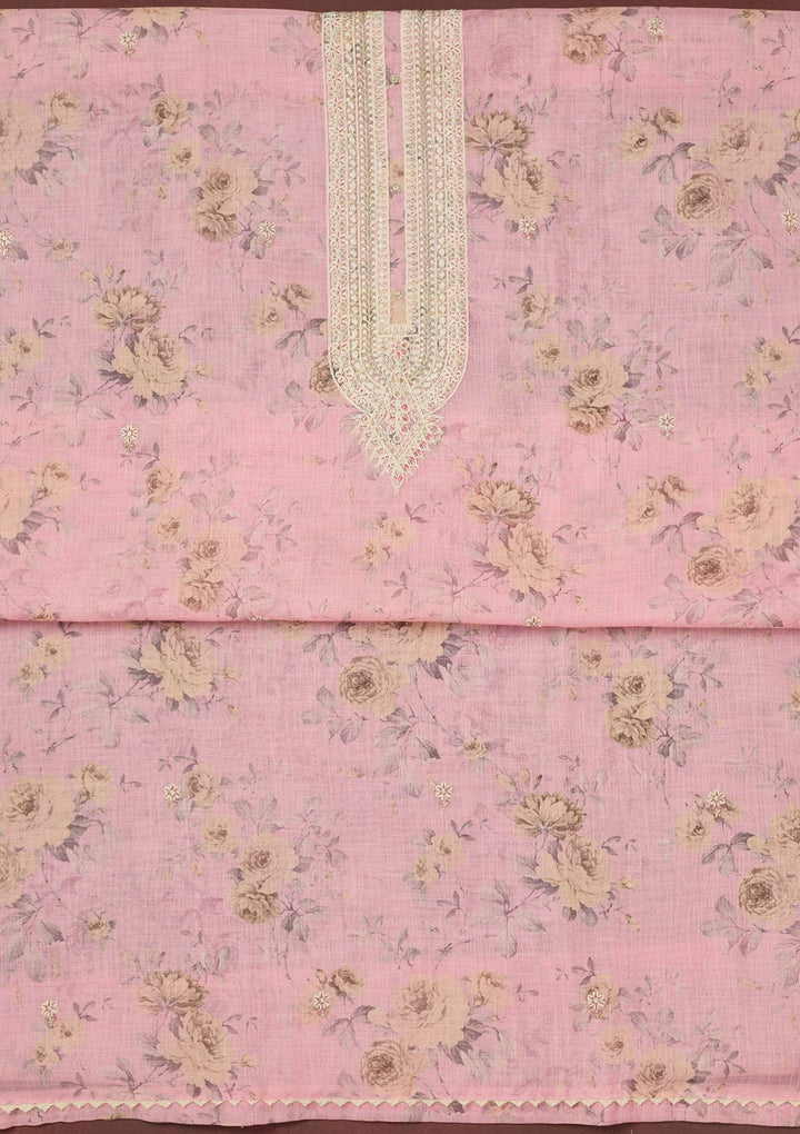 Baby Pink Threadwork Linen Unstitched Salwar Suit-koskii