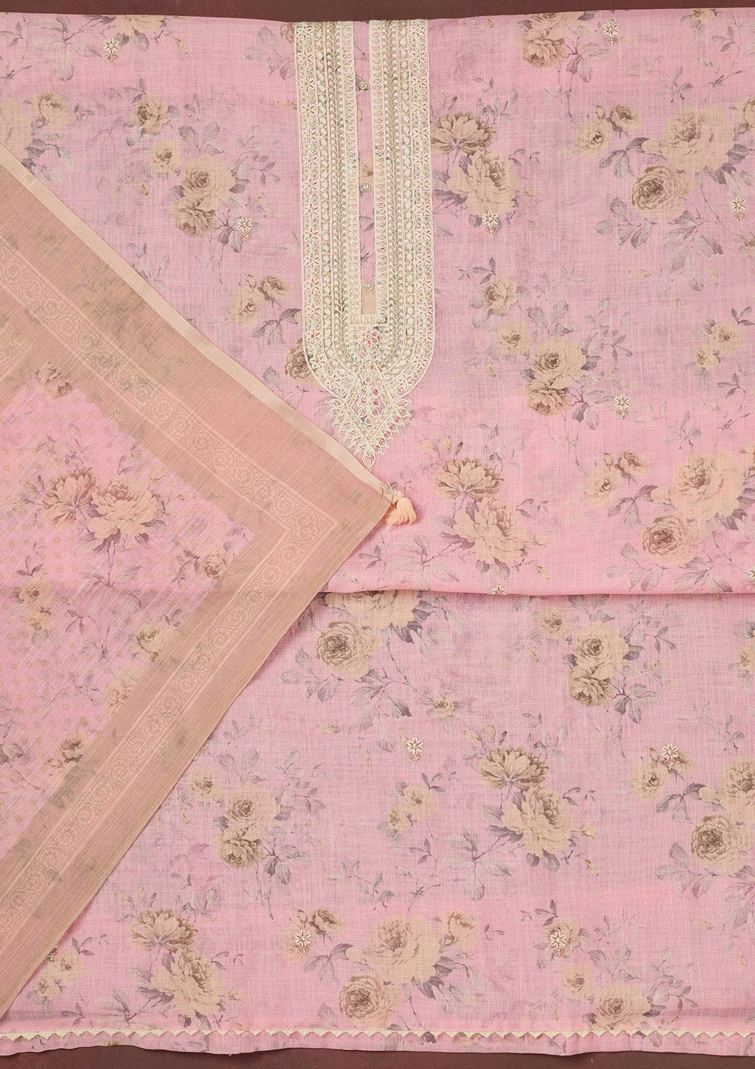 Baby Pink Threadwork Linen Unstitched Salwar Suit-koskii