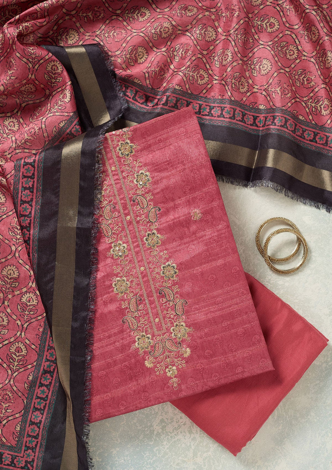 Onion Pink Threadwork Chanderi Unstitched Salwar Suit-Koskii