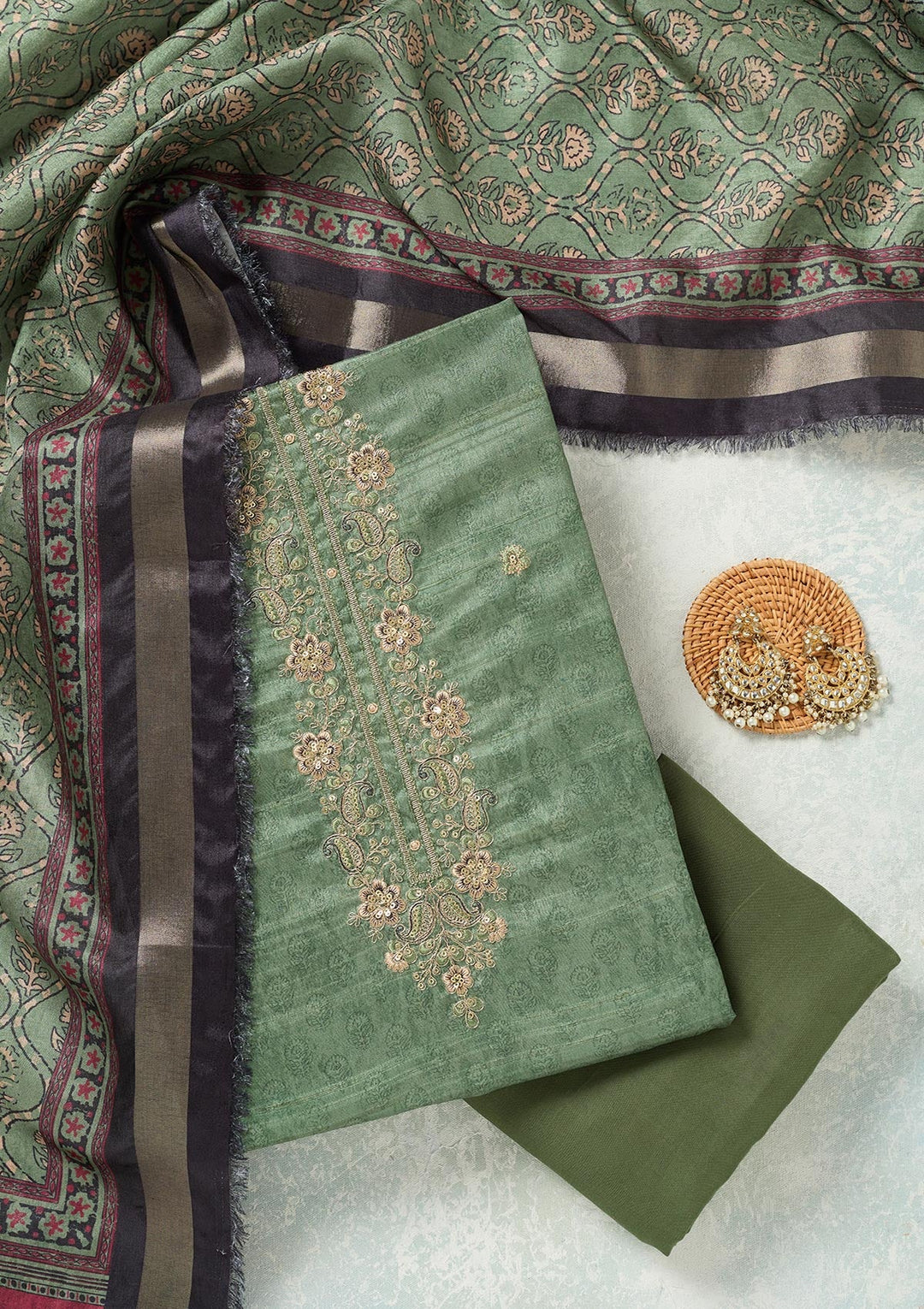 Pista Green Zariwork (Gold) Chanderi Unstitched Salwar Suit-koskii