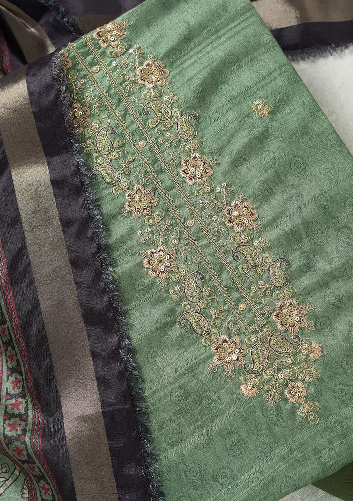 Pista Green Zariwork (Gold) Chanderi Unstitched Salwar Suit-koskii