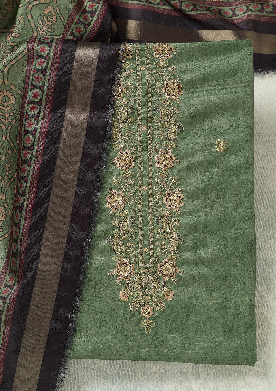 Pista Green Zariwork (Gold) Chanderi Unstitched Salwar Suit-koskii