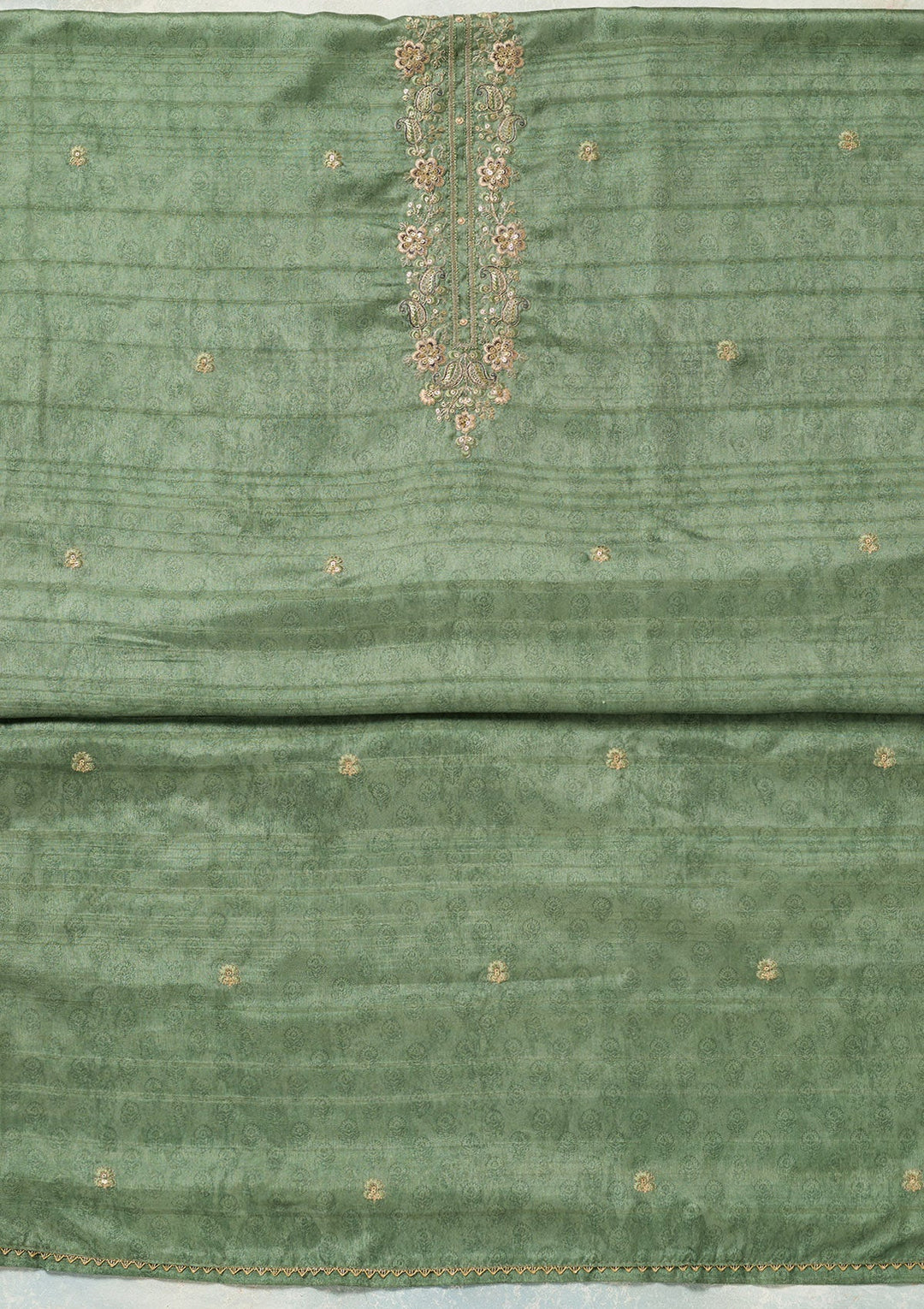 Pista Green Zariwork (Gold) Chanderi Unstitched Salwar Suit-koskii