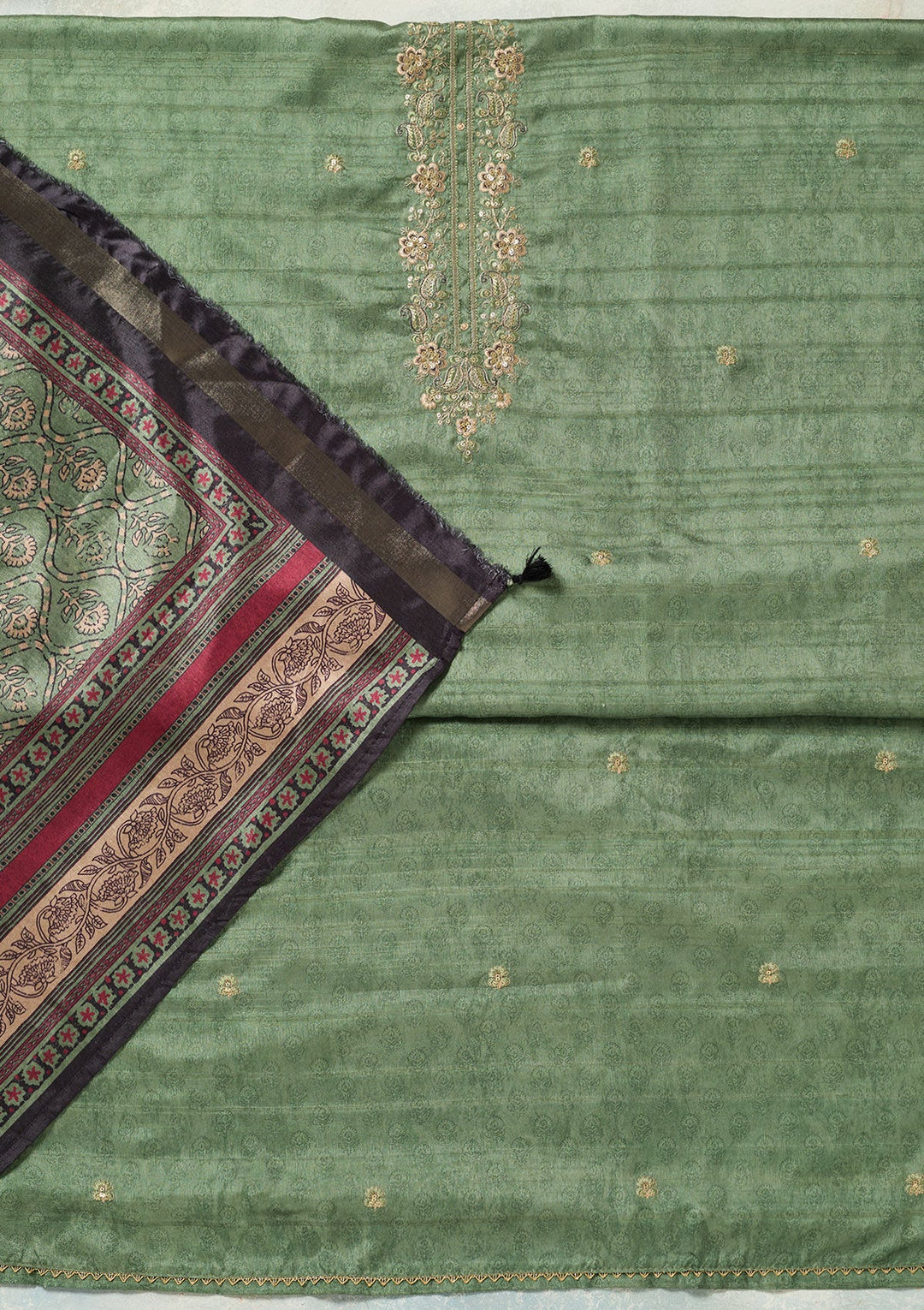 Pista Green Zariwork (Gold) Chanderi Unstitched Salwar Suit-koskii